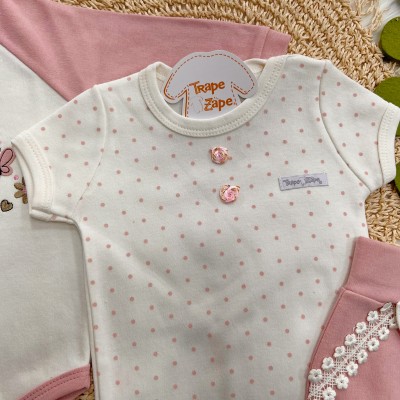 Conj. de Malha 3 peças - Borboletas e Corações - Rose e Off White